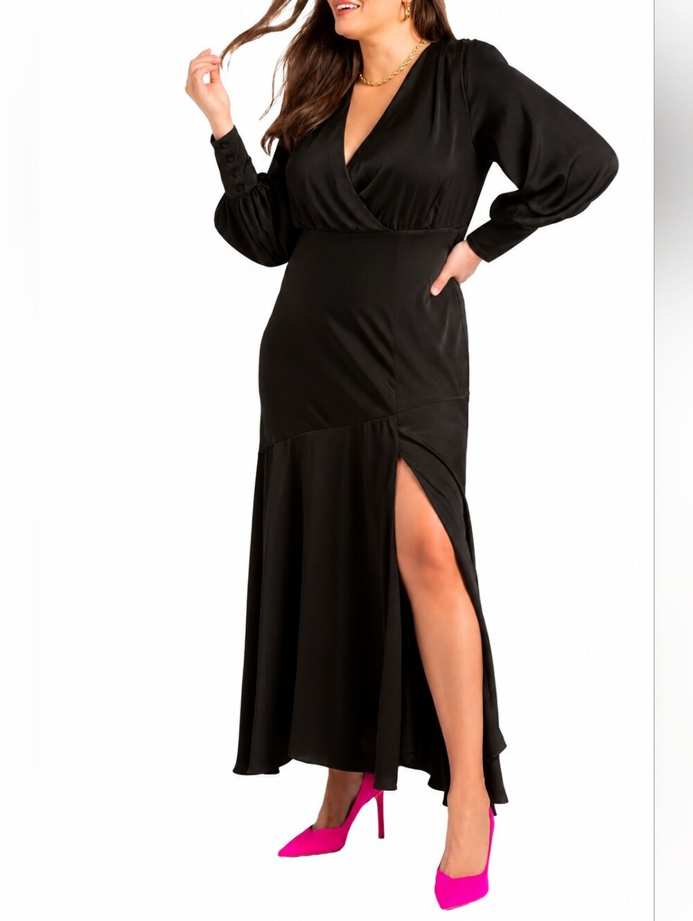 Eloquii Black Faux Wrap High-Low Maxi Dress with Side Slit Sz 20